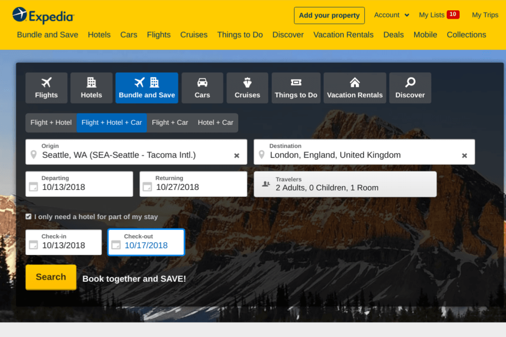 Expedia screenshot on how to bundle a flight and hotel for cheaper deals