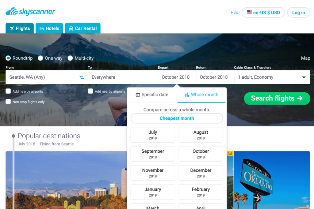 skyscanner screenshot for finding the cheapest date to fly