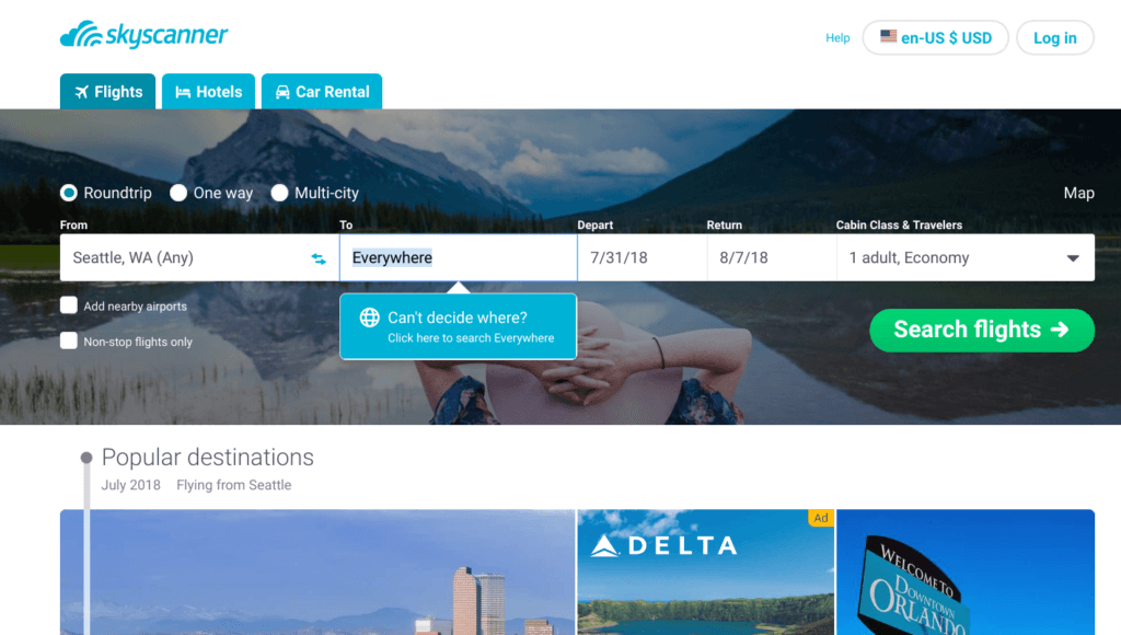 Skyscanner airfare finding tool to book your flight to everywhere search option