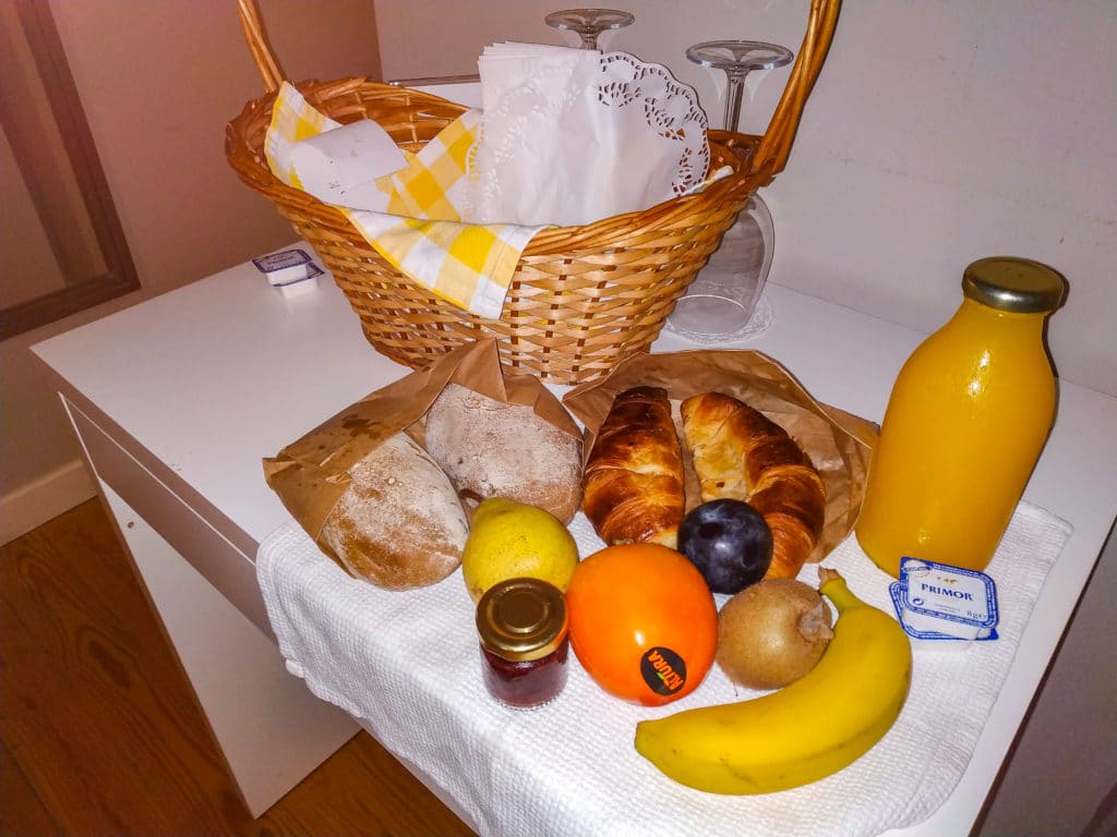 Basket of fruit and pastries from hotel in Lisbon