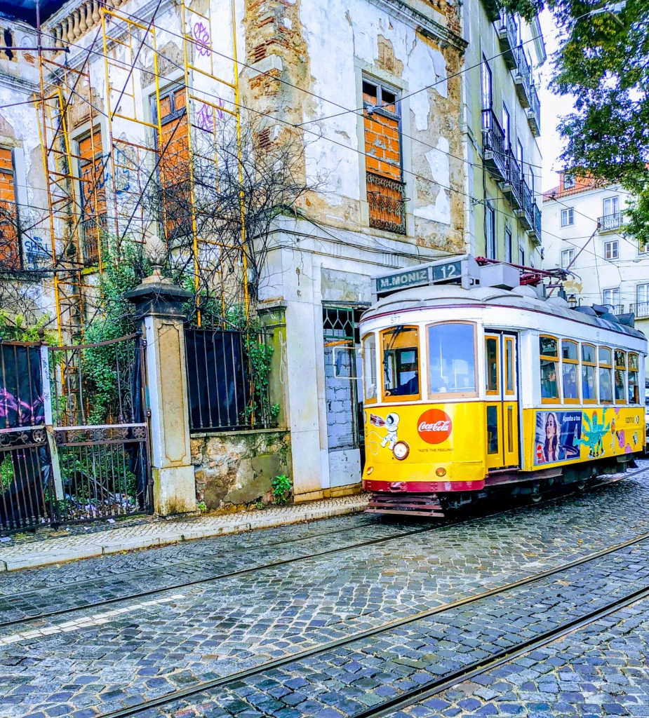 Yellow street tram in Lisbon Portugal