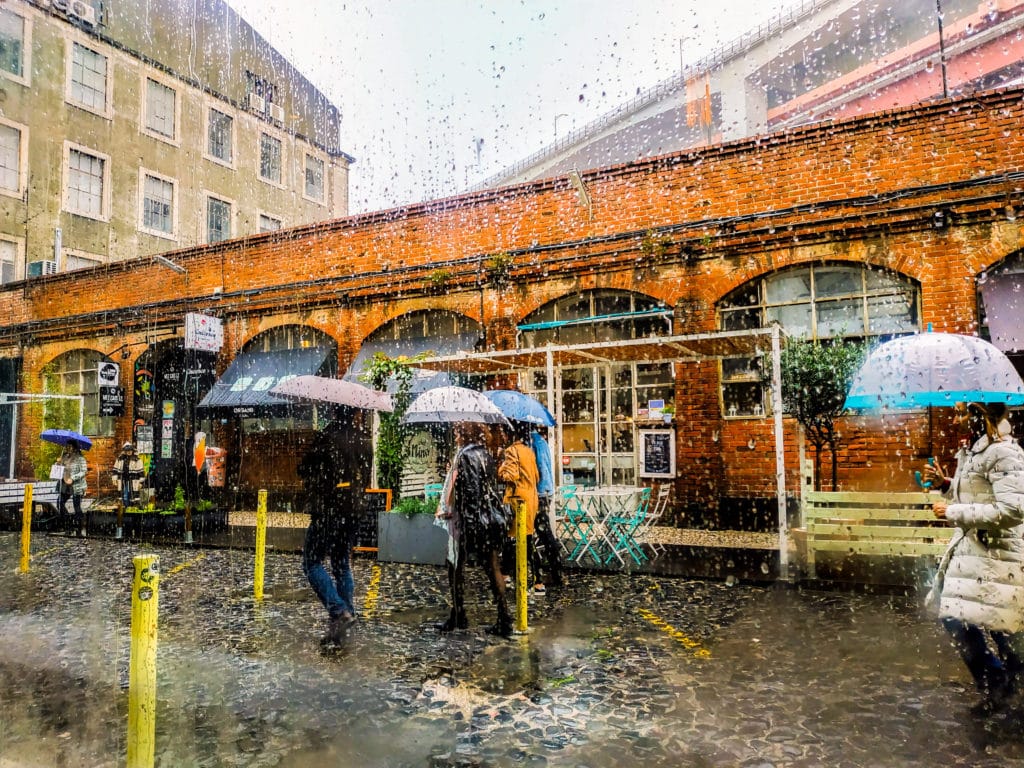 People walking with umbrellas in the rain