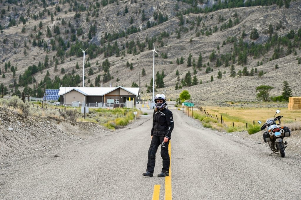 Canadian border with dual sport motorcyclist