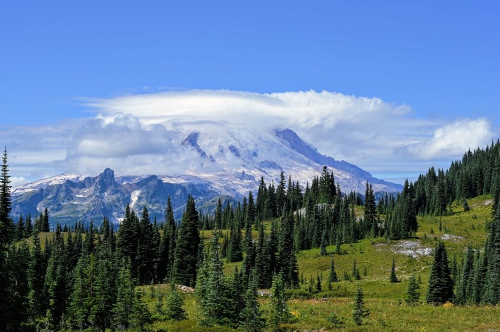 Mount Rainier with clouds around it