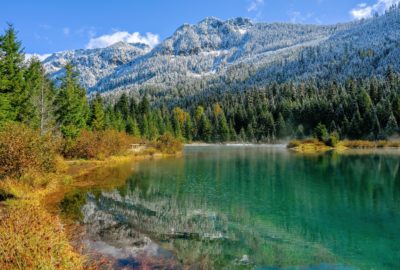 Gold Creek Pond with fall colors and snowy mountain