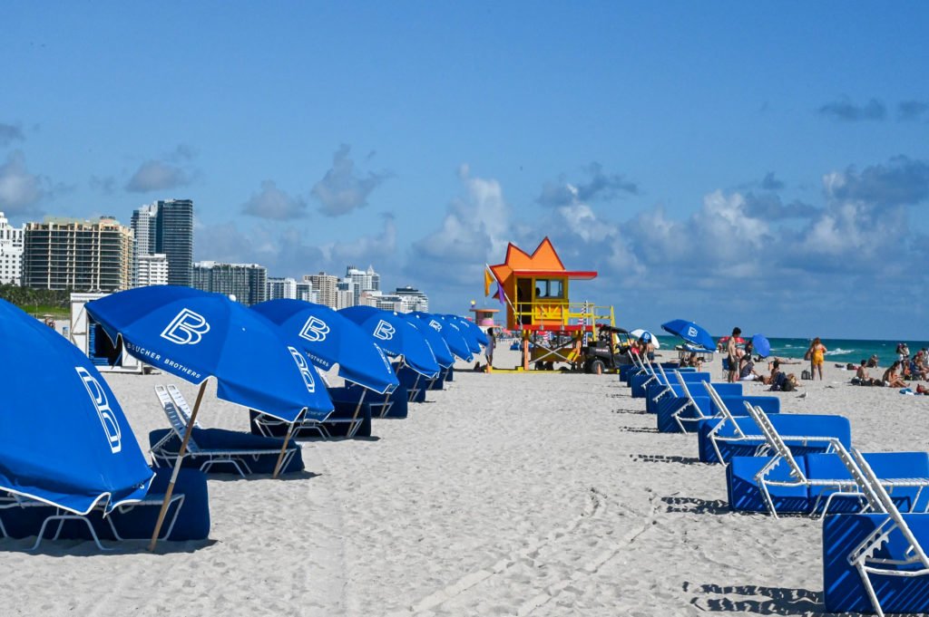 Miami Beach lifeguard hut and umbrella chairs