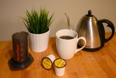 coffee with aeropress, k-cups and hot water kettle