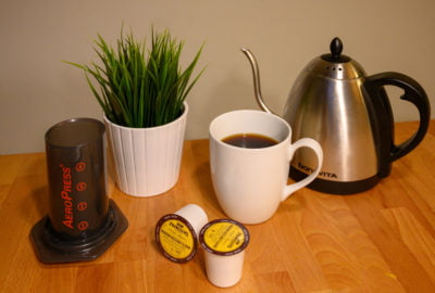 coffee with aeropress, k-cups and hot water kettle