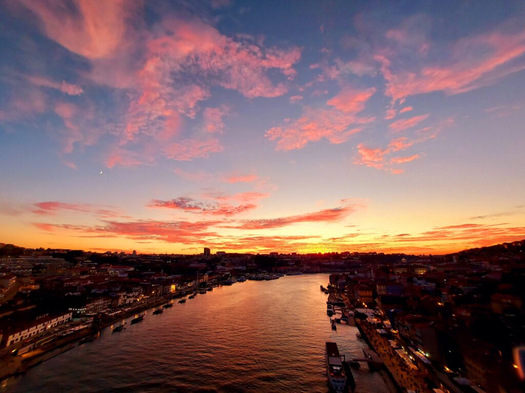 sunset in Porto seen from Luis I Bridge