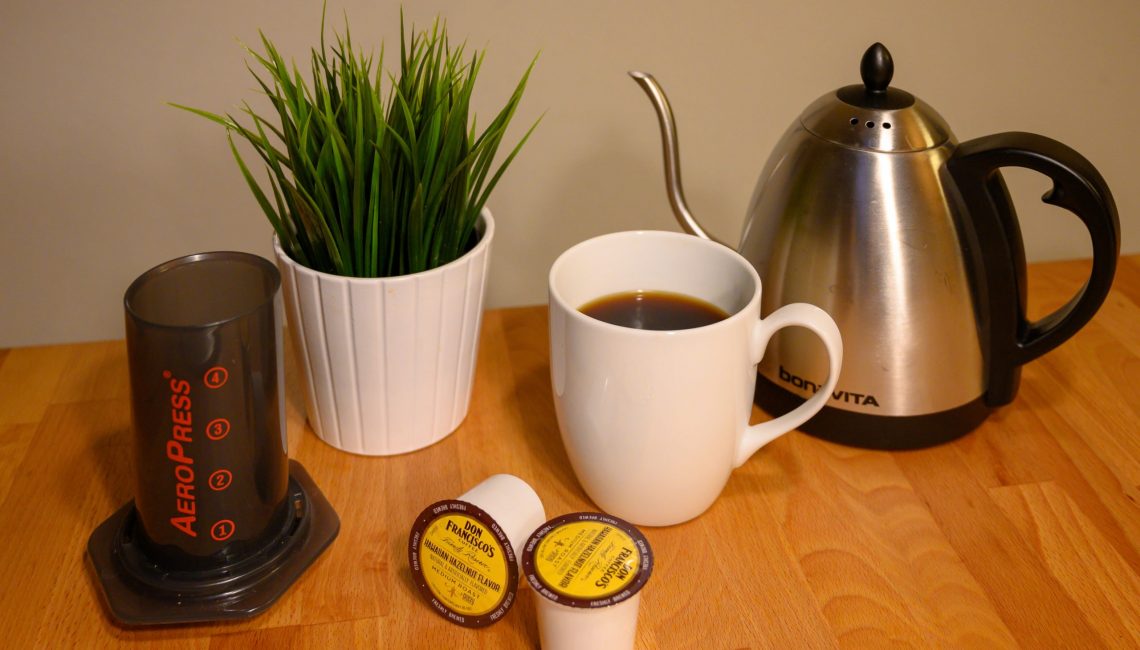 coffee with aeropress, k-cups and hot water kettle